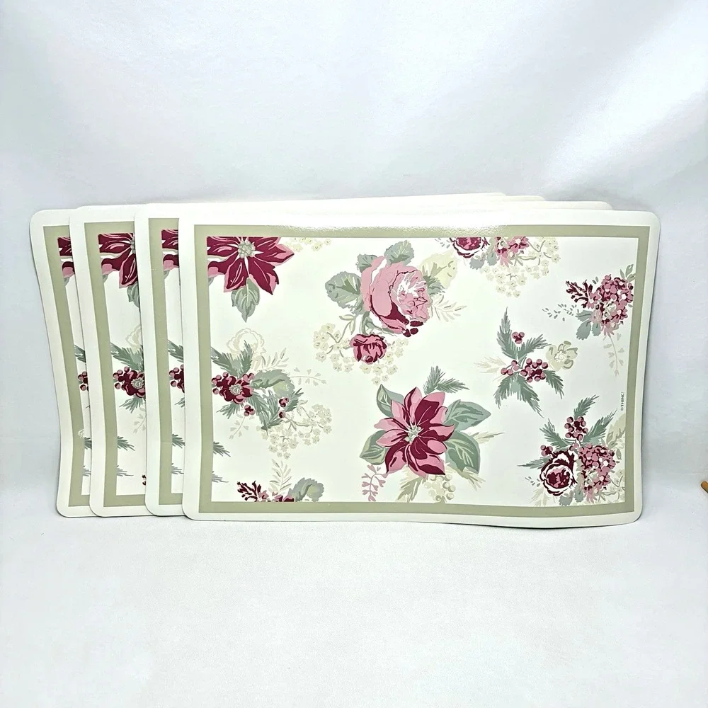Vintage 4 Christmas Placemats Holiday Time Vinyl Foam Floral Poinsettia Cottage